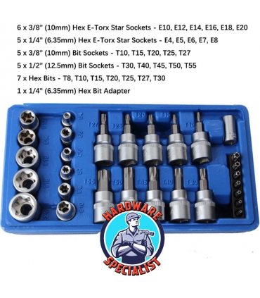 Hardware Specialist CR-V Torx Star Socket Bit Set - 29 Pieces