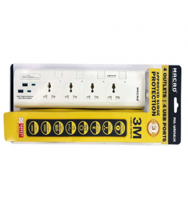Macro MA-WN94UA 4 Outlets & 4 USB Ports Fire Retardant Extension Socket