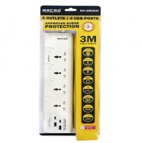 Macro MA-WN94UA 4 Outlets & 4 USB Ports Fire Retardant Extension Socket