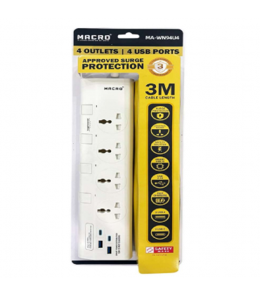 Macro MA-WN94UA 4 Outlets & 4 USB Ports Fire Retardant Extension Socket