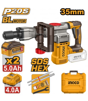 Ingco CDBLI203582 2 x 20V Lithium-Ion 5.0Ah Brushless Cordless Demolition Hammer