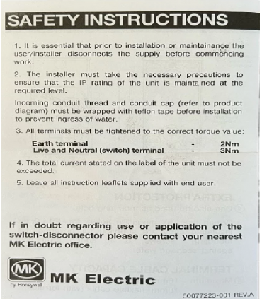 MK Honeywell IP66 Certified Switch Isolator - 2 Poles/4 Poles
