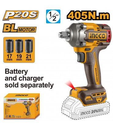 Ingco CIWLI20451 20V Brushless 405Nm 2-in-1 Cordless Impact Wrench - Bare Unit