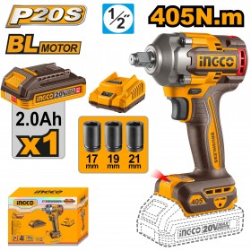 Ingco CIWLI20455 20V Brushless 405Nm 2-in-1 Cordless Impact Wrench Set
