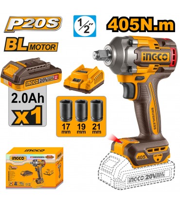 Ingco CIWLI20455 20V Brushless 405Nm 2-in-1 Cordless Impact Wrench Set