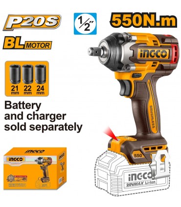 Ingco CIWLI20551 20V 1/2" Brushless 550Nm Cordless Impact Wrench - Bare Unit
