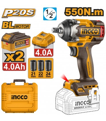 Ingco CIWLI2055 2x20V Brushless 550Nm 1/2" Cordless Impact Wrench Set