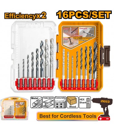 Ingco AKDL11608 Multi-Material Hex Shank Drill Bit Set - 16 Pieces