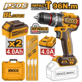 Ingco CIDLI20968 2 x 20V Lithium-Ion 4.0Ah Brushless 96Nm Cordless Impact Drill Set