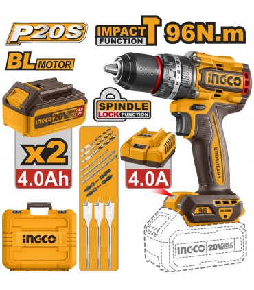 Ingco CIDLI20968 2 x 20V Lithium-Ion 4.0Ah Brushless 96Nm Cordless Impact Drill Set