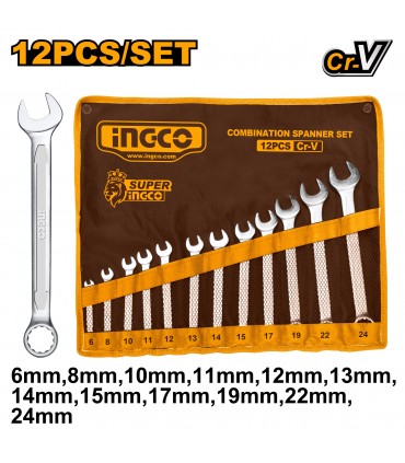 Ingco HKSPA1142 12 Pieces CRV Spanner Set  with Storage Pouch - 6-24mm