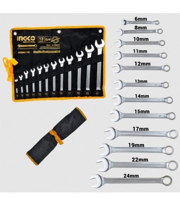 Ingco HKSPA1142 12 Pieces CRV Spanner Set  with Storage Pouch - 6-24mm