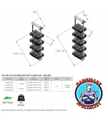 ecoWare T-Line Tall Unit Pull Out Basket with Soft Closing Slide  - Dark Grey