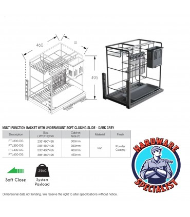 ecoWare T-Line Multi-Function Basket with Undermount Soft Closing Slide - Dark Grey