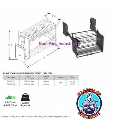 ecoWare T-Line Up and Down Storage Kit Elevator Basket - Dark Grey
