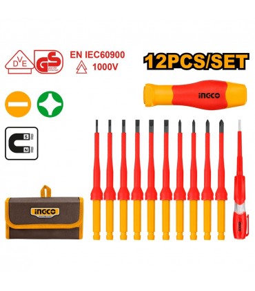 Ingco HKISD1201 1000V Interchangeable Insulated Screwdriver Set - 12 Pieces
