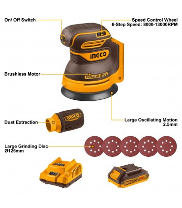 Ingco CROSLI20021 20V Lithium-Ion 125mm Brushless Cordless Random Orbit Sander Kit