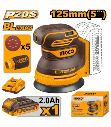 Ingco CROSLI20021 20V Lithium-Ion 125mm Brushless Cordless Random Orbit Sander Kit