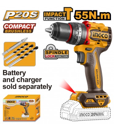 Ingco CIDLI205581 20V Lithium-Ion 55Nm Brushless Cordless Impact Drill - Bare Unit