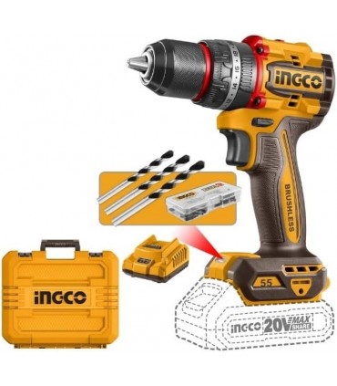 Ingco CIDLI20558 2x20V Lithium-Ion 2.0 Ah 55Nm Brushless Impact Drill Set