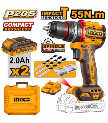 Ingco CIDLI20558 2x20V Lithium-Ion 2.0 Ah 55Nm Brushless Impact Drill Set