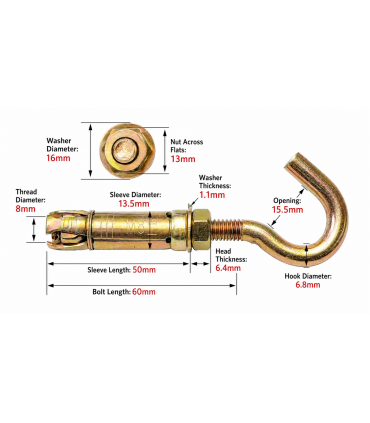 M8 x 60mm Expansion Anchor Bolt J Hook