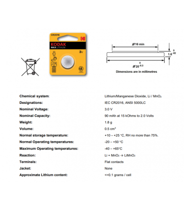 Kodak CR2016 3V Lithium Button Cell Battery