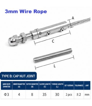 Stainless Steel Wire Rope Cap Nut Joint - 3mm - 6mm