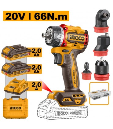 Ingco CDLI206686 2 x 20V Lithium-Ion 66Nm Multi Head Drill Driver Set