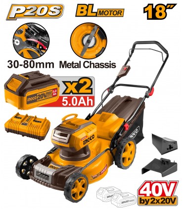 Ingco LMLI20186 20V Lithium-Ion 460mm Brushless Cordless Lawn Mower Kit