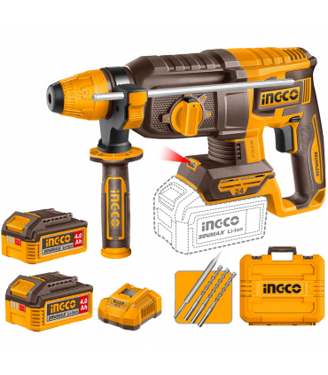 Ingco CRHLI202482 2x20V Lithium-Ion 4.0Ah Brushless 24mm Cordless Rotary Hammer Drill Set