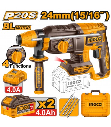 Ingco CRHLI202482 2x20V Lithium-Ion 4.0Ah Brushless 24mm Cordless Rotary Hammer Drill Set