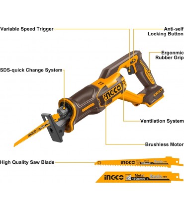 Ingco CRSLI2108 20V Lithium-Ion Brushless Cordless Recipro Saw - Bare Unit