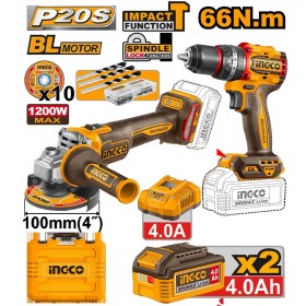 Ingco CKLI2025610 20V Lithium-Ion 4inch Angle Grinder+ 66 Nm Impact Drill Combo Set