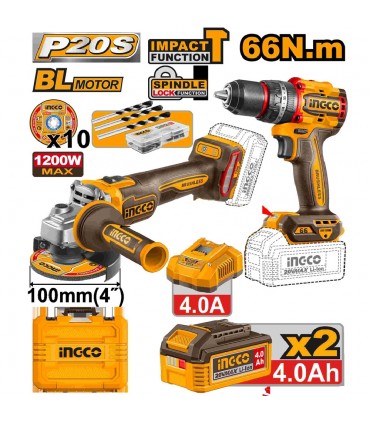 Ingco CKLI2025610 20V Lithium-Ion 4inch Angle Grinder+ 66 Nm Impact Drill Combo Set