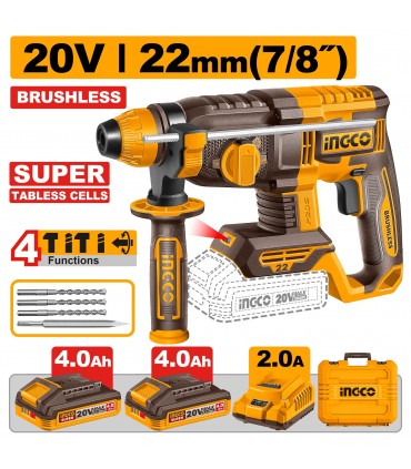 Ingco CRHLI222085 20V Lithium-ion Brushless 4-Mode Rotary Hammer Drill Set