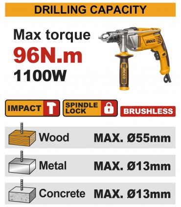 Ingco CIDLI209688 20V 96Nm Brushless Cordless Impact Drill with Jacob Chuck