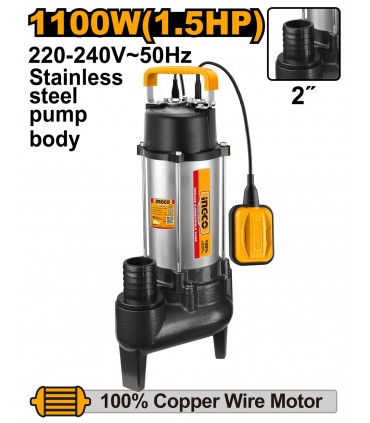 INGCO SPD110068 1.5HP 1100W 2-Inch Sewage Submersible Pump with Float Switch