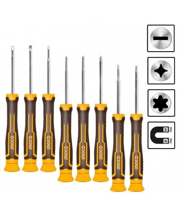 Ingco HKSD0818 8 Pcs Magnetic Tips Ergonomic Handle Precision Screwdriver Set
