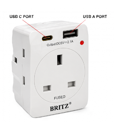 Britz BR-232C 3 Way Adaptor with USB & Type-C Charger