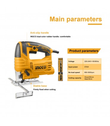 INGCO JS57028 220-240V Variable Speed Corded Jig Saw with 3 Blades