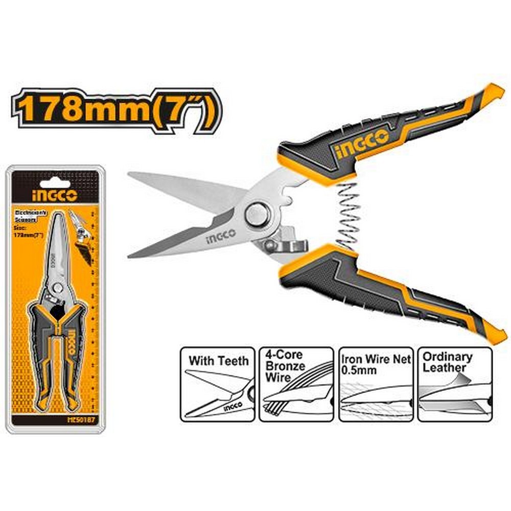 Ingco HES0187 7 Inch Stainless Steel Ergonomic Handle Electricians Scissors_1