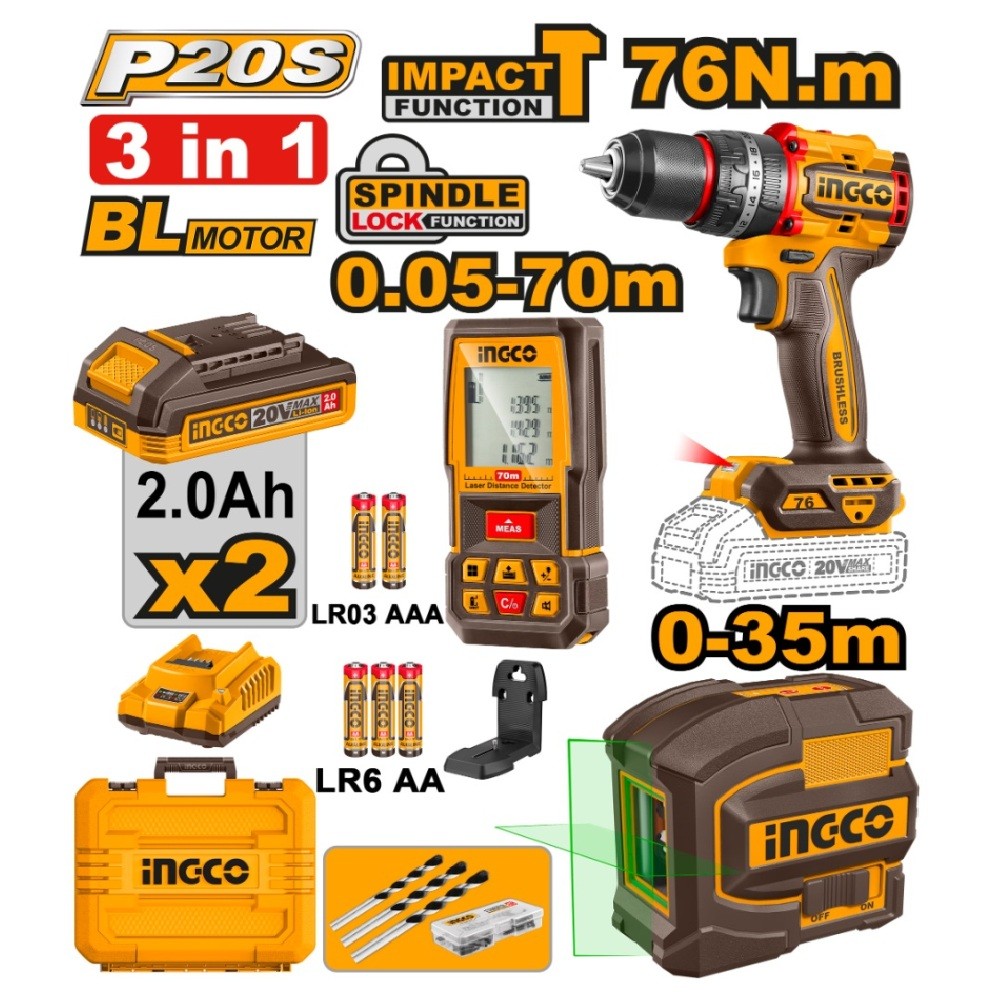 Ingco COSLI250511 P20S 20V 3 in 1 Combo Kit - 76nm Impact Drill + Laser Level + 70m Distance Meter_1