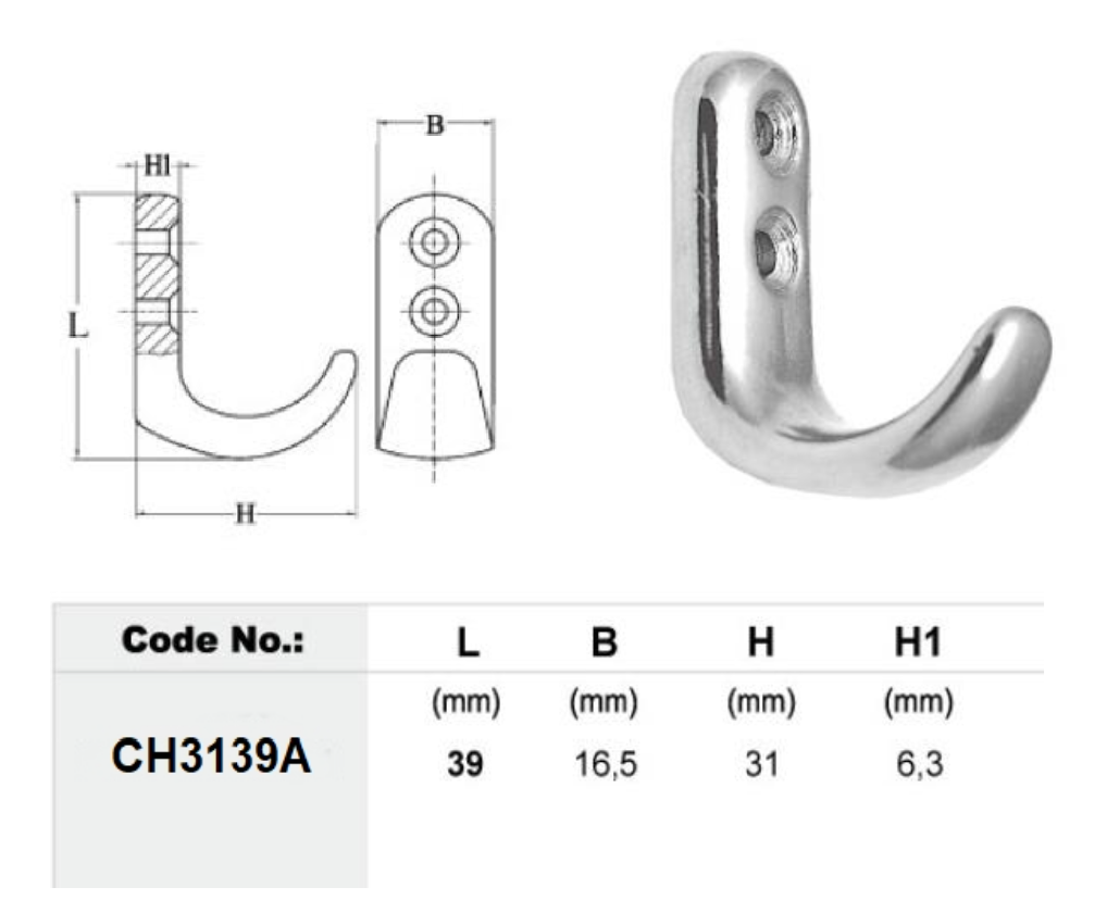 CH3139A 316 Stainless Steel Precision Cast Single Coat Hook_3