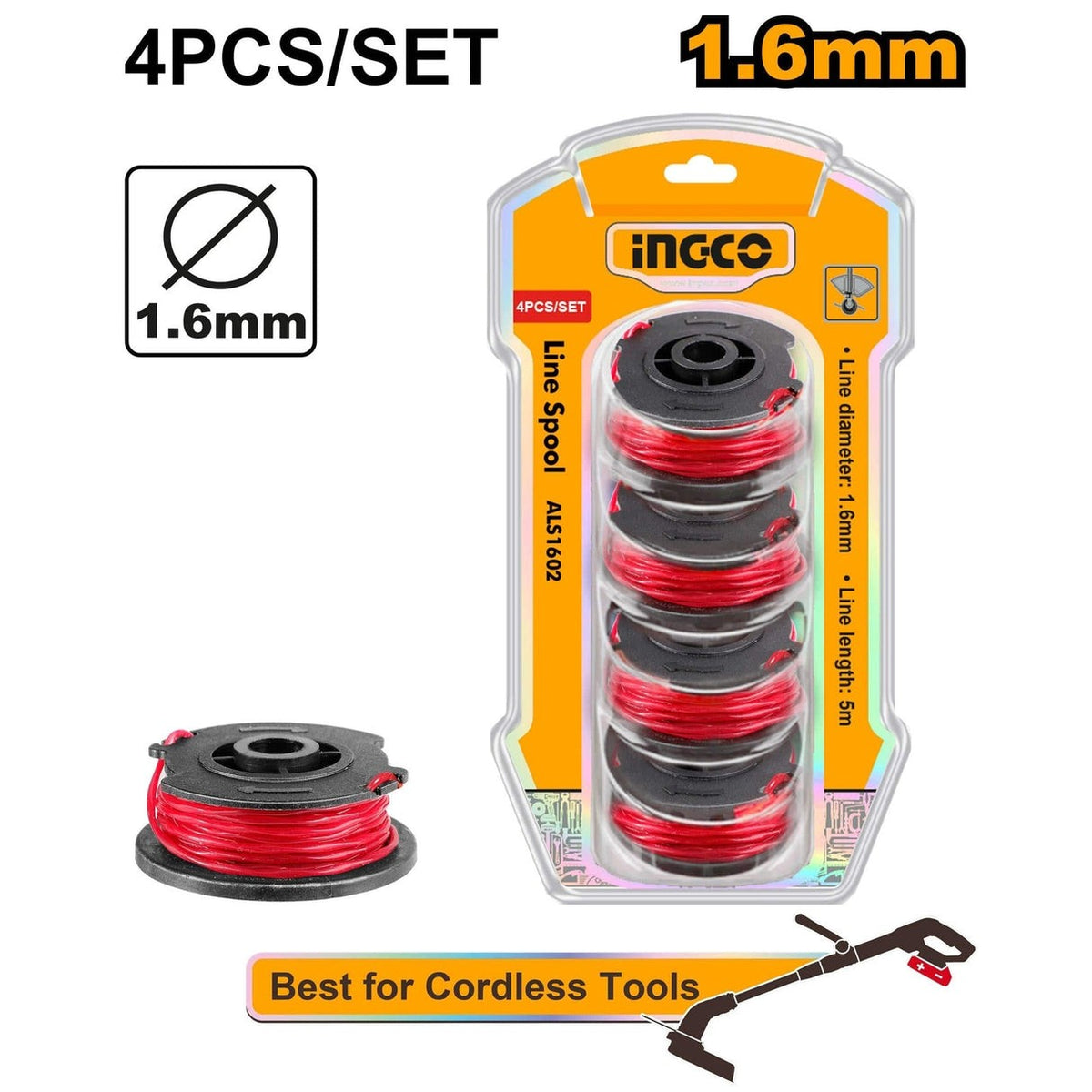 Ingco ALS1602 1.6MMØ X 5M Grass Trimmer Line Spool - 4 Pieces/Pack_2
