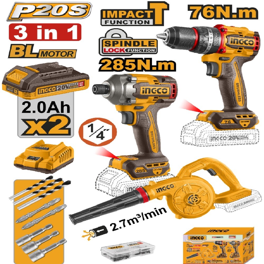 Ingco COSLI250182 2 x 20V Lithium-ion 2.0 Ah 3 Pieces Combo Set - Impact Drill + Impact Driver + Blower_1