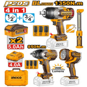 Ingco COSLI250782 20V Cordless 5.0 Ah 4-in-1 Cordless Combo Set - 1350 & 850 Nm Impact Wrench + 2 LED Lamps_1