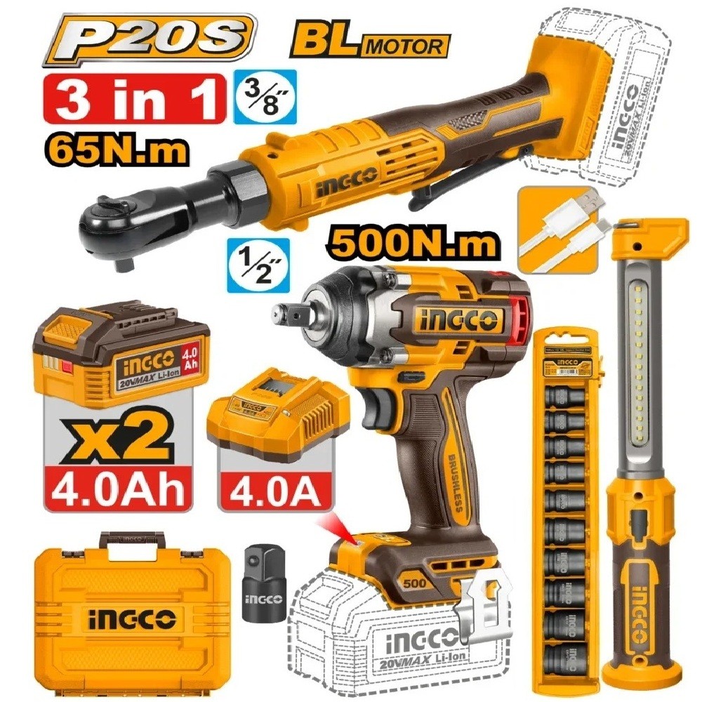 Ingco COSLI250981 2 x 20V Lithium-Ion 4.0 Ah 3-in-1 Cordless Combo Set - Impact  + Ratchet WR + Lamp_1