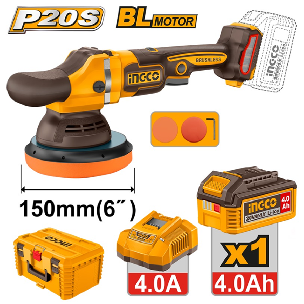 Ingco APLI20158 20V Lithium-Ion 4.0 Ah 6-inch Brushless Cordless Angle Polisher