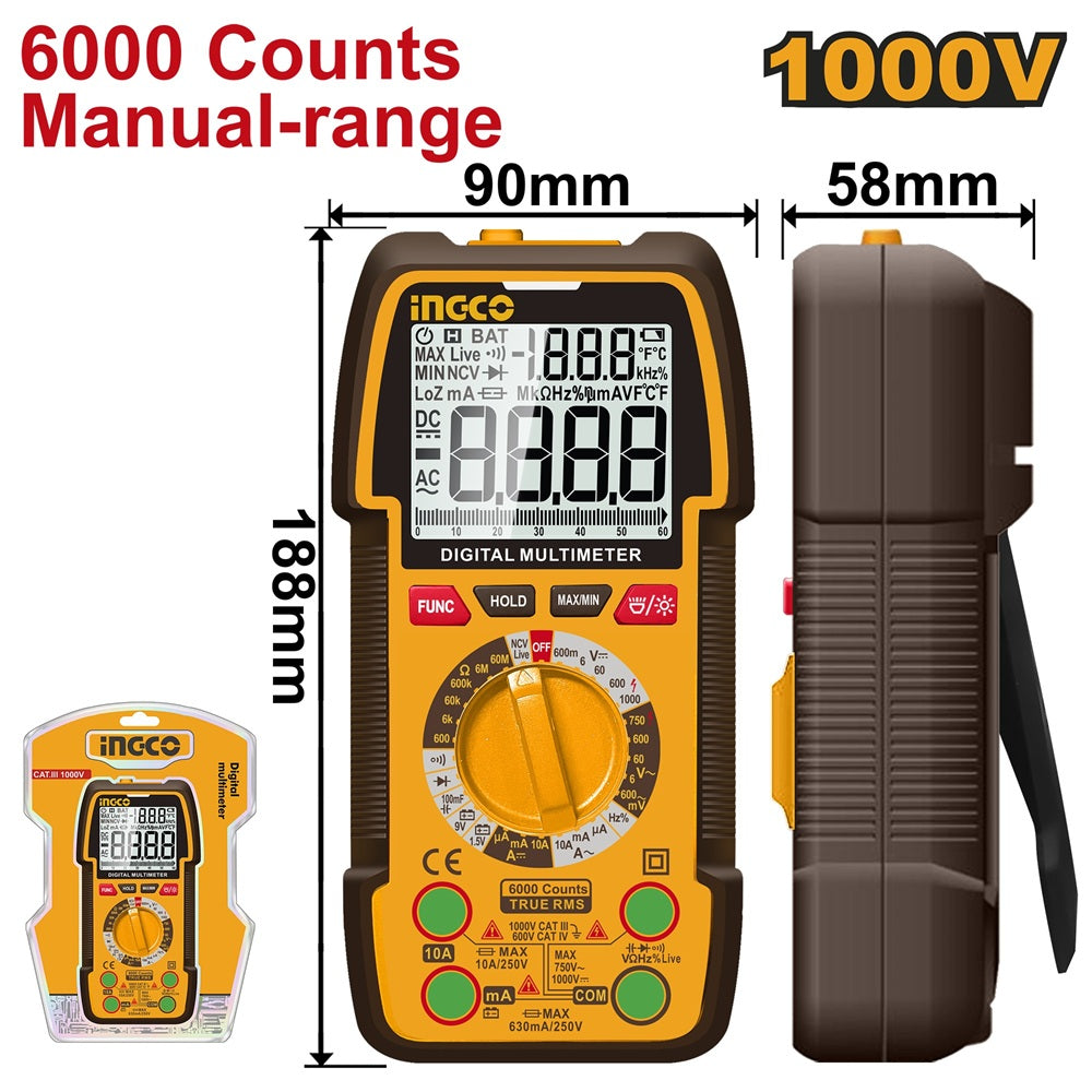 Ingco DM310002 1000V Manual-Range 6000-Count Digital Multimeter